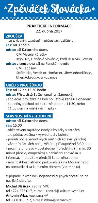 Užitečné informace k oblastnímu kolu soutěže mladých interpretů lidových písní Zpěváček Slovácka.
