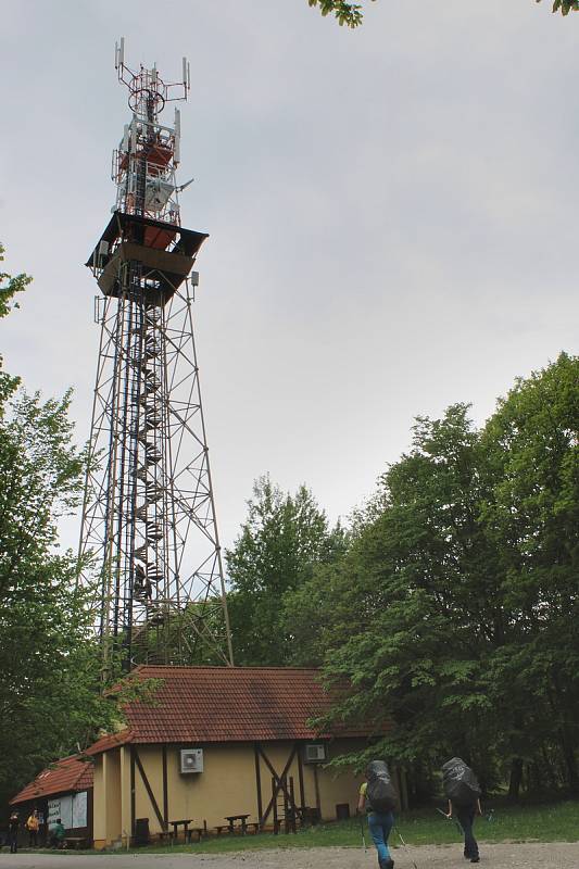 Rozhledna Travičná a výhledy z ní. Počet schodů 177, výška ochozu 34 metrů, výška rozhledny 52,6 metru.