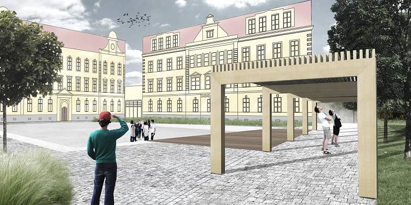 Architektka Martina Černá představila svou vizi úpravy náměstí Hrdinů před Klvaňovým gymnáziem.