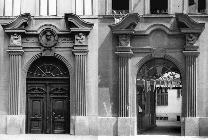 Dvakrát stejný portál, vlevo v roce 1937, vpravo po roce 1940 bez busty T.G.M.