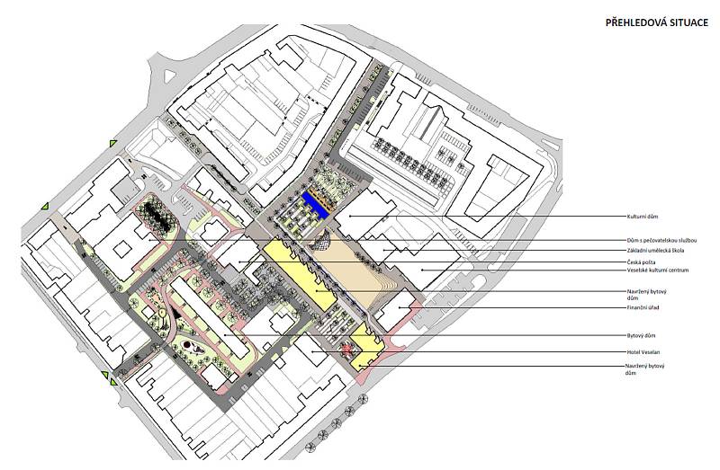 Vizualizace II. a III. etapy revitalizace náměstí Míru ve Veselí nad Moravou.