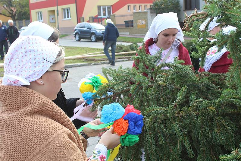 Stavění a zdobení máje v Kněždubu při hodovém pátečním odpoledni.