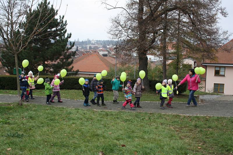 Z téměř dvou tisíc nafukovacích balonků vytvořili žáci a studenti kyjovských škol za pomoci veřejnosti živý vlčí mák, kterým uctili válečné vetrány.