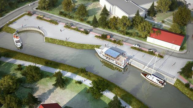 Vizualizace nové plavební komory v Hodoníně i s turistickým přístavem. 