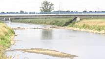 Stav řeky Moravy pod silničním mostem mezi Hodonínem a Holíčem. Z vody vystouply zbytky Masarykova mostu zničeného v roce 1945 ustupujícími nacisty.