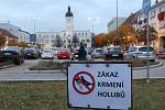 Nové cedule se zákazem krmení holubů na Masarykově náměstí v Kyjově.