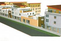 Studie plánovaného bloku polyfunkčních domů v areálu městské tržnice.
