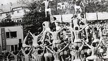 VOJÁCI V BLANSKU. Cvičení vojáků v roce 1985 na okresní spartakiádě na stadionu v Údolní ulici v Blansku. Konala 25. a 26. května, zúčastnilo se jí 8 586 cvičenců i cvičenek a 13 tisíc diváků. Okrskové spartakiády se předtím uskutečnily v Boskovicích, Lys