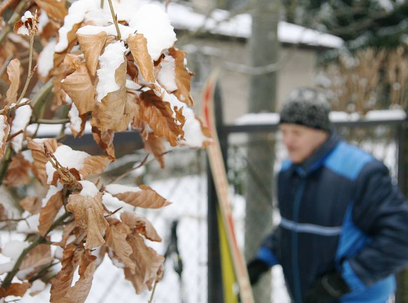 František Novák z Adamova vyrazil v úterý na běžky v okolí své chaty u řeky Svitavy. „První sníh, to se musí využít. Nedokážu jen tak sedět doma u televize. Napadlo jen pár centimetrů, ale to mi vůbec nevadí,“ hlásil vitální důchodce.