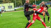 Blanenští fotbalisté (v červeném) v neděli podlehli Viktorii Žižkov 1:2. Foto: FK Blansko