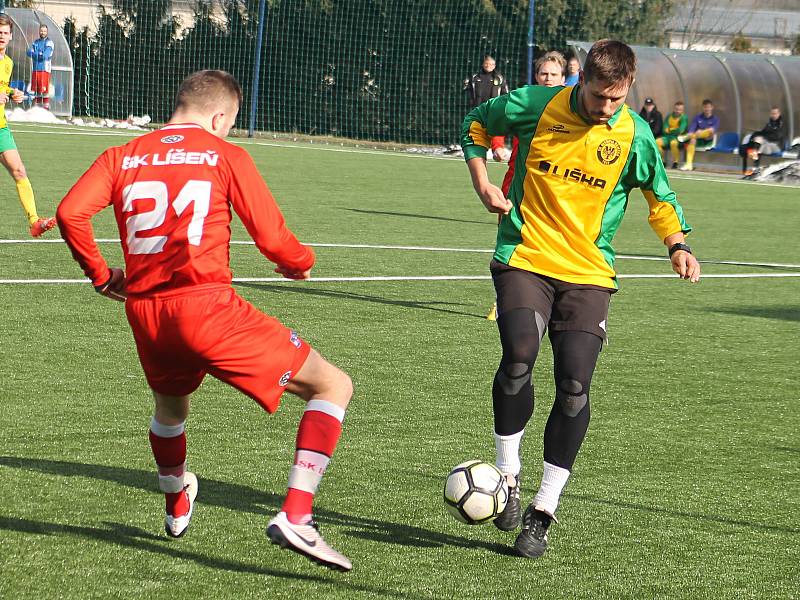 V přípravném fotbalovém utkání porazil SK Líšeň B (červené dresy) Olympii Ráječko 5:2.