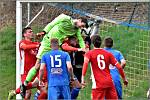 Blanenský goalkeeper Petr Nešetřil (shirted in green) pushed for a corner and scored a point for his team who drew 1:1 with Otrokovice.