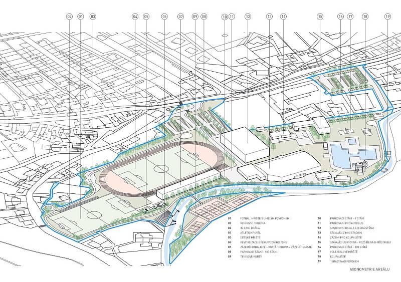 Boskovičtí představili architektonickou studii sportovního areálu Červená zahrada. Na snímku první návrh třetí varianty.