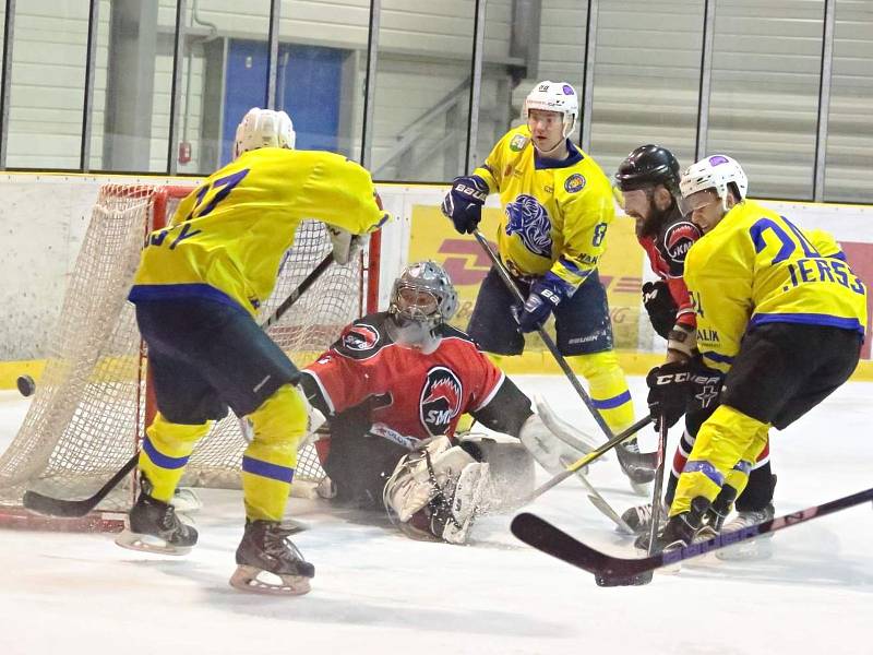 V krajské hokejové lize porazila Minerva Boskovice (v červených dresech) břeclavské Lvi 5:1.