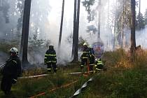 V lese v katastru obce Senetářov hořel les. Hasiči vyhlásili druhý stupeň požárního poplachu. 