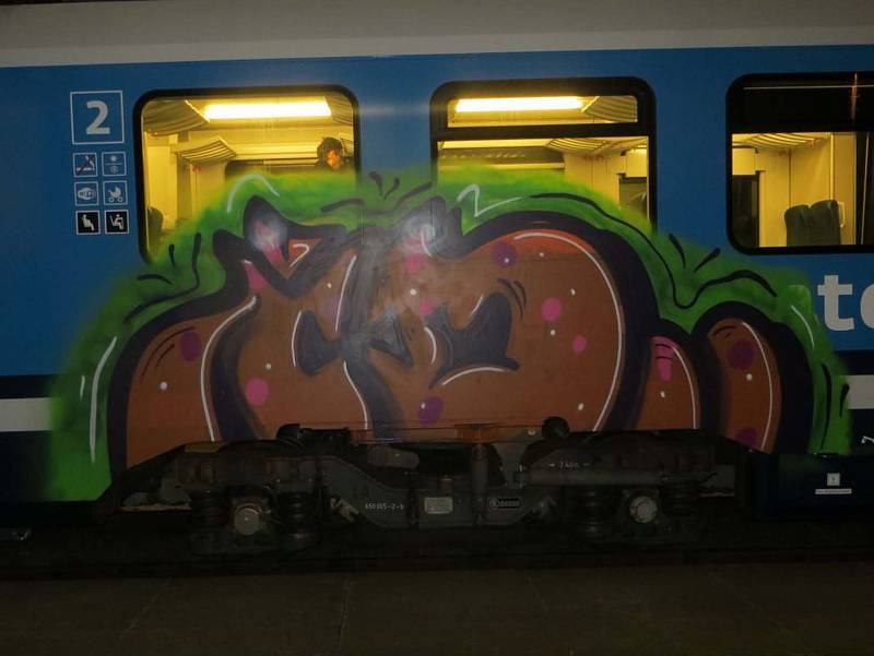 Vandal postříkal barevnými spreji odstavený vlak v Rájci-Jestřebí.