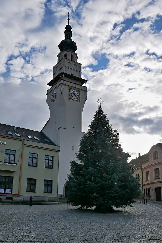 I když letos epidemická omezení nedovolila tradiční setkání, na náměstí v Boskovicích už svítí vánoční strom. Foto: Monika Šindelková