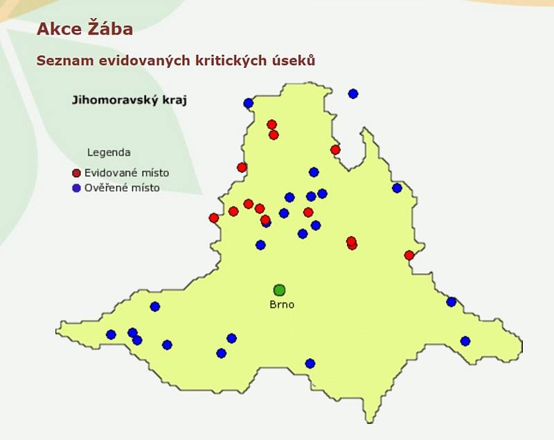 Mapa míst, kde obojživelníci nejčastěji přechází silnice.