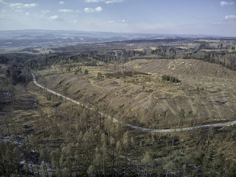 Kůrovcová kalamita na Blanensku z ptačí perspektivy. Na snímku okolí obce Žďár.