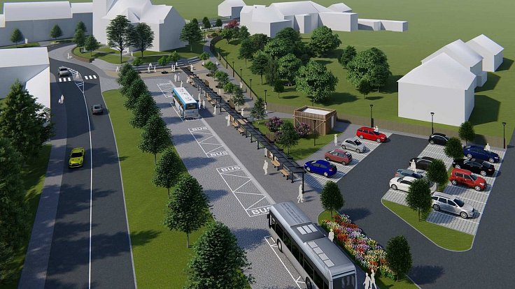 Vizualizace budoucí podoby autobusového terminálu v Kunštátě a jeho bezprostředního okolí.