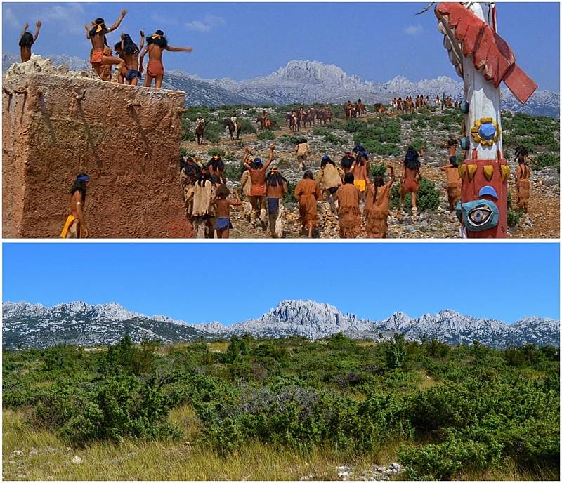 Srovnávací fotografie z filmu Vinnetou I. Náhorní planina nad řekou Zrmanjou (filmovou řekou Rio Pecos).