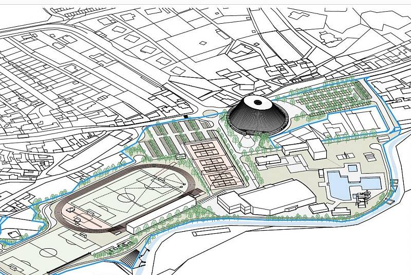 Boskovičtí představili studii nové sportovní haly od mexického architekta Alberta Kalacha. Garantem je městský architekt Zdeněk Fránek. VIZUALIZACE: TÝM ALEBERTO KALACHA A ZDEŇKA FRÁNKA