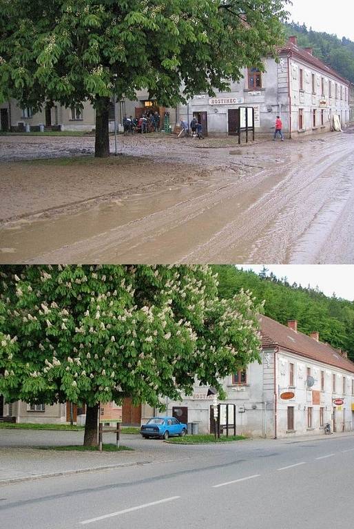 Vzpomínka na Apokalypsu. Sloupem se prohnala v roce 2003 ničivá povodeň.