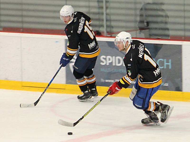 V posledním letošním utkání krajské ligy porazili hokejisté Sokola Březina (černé dresy) na domácím vyškovském ledě HC Štika Rosice 8:2.