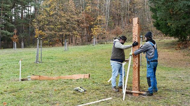 Instalace dřevěných soch v rekreační oblasti Palava v Blansku.