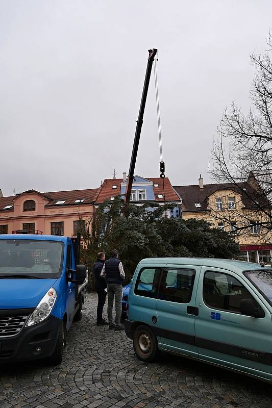 V pondělí přivezla těžká technika vánoční strom na Masarykovo náměstí do Boskovic. Městu ho daroval chalupář z Knínic.