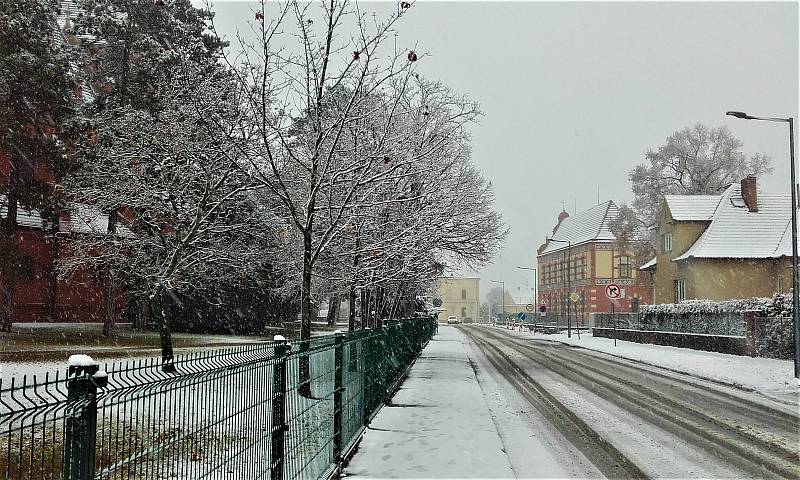 První sníh v Poštorné.