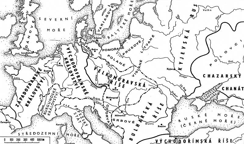 Rozsah velkomoravské říše v devátém století (podle: Podborský 1993: Dějiny pravěku a rané doby dějinné).