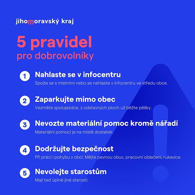 Pro dobrovolníky, kteří chtějí pomáhat v obcích zdevastovaných tornádem, stanovil kraj pět pravidel.