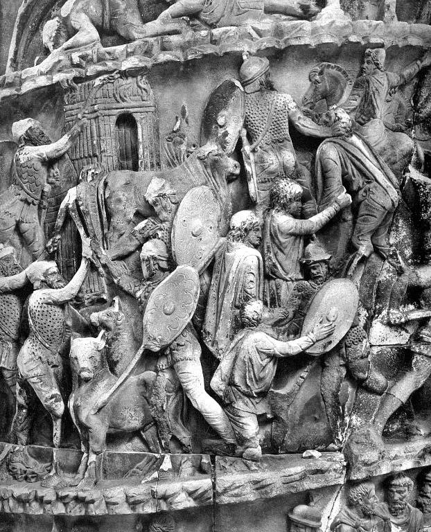 Římští vojáci při plenění germánské vesnice, scéna ze sloupu Marca Aurelia v Římě 