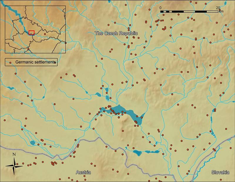 ¨Germánská sídliště (červené tečky na mapě) doby římské na území Břeclavska.