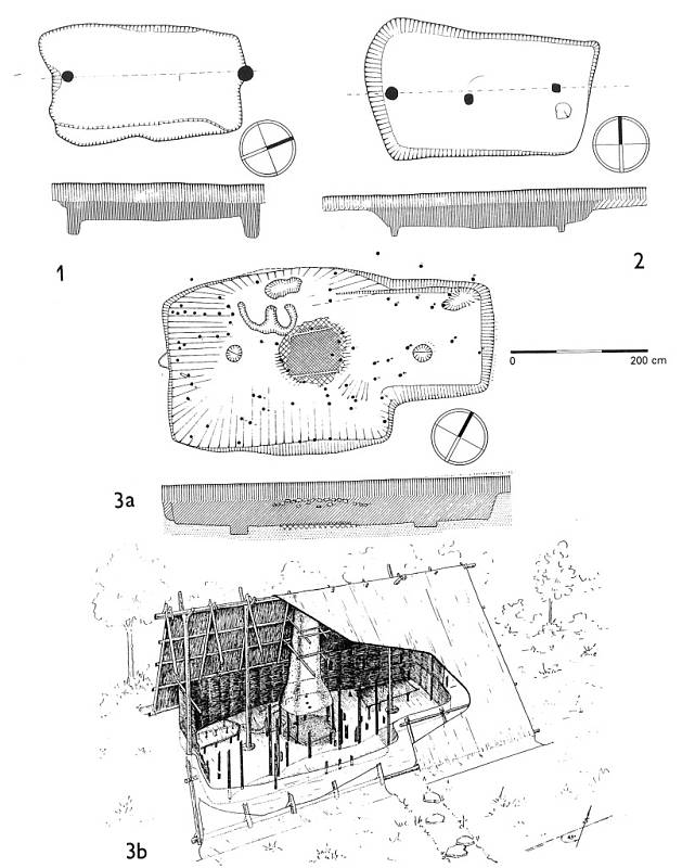 Příklady archeologicky zachycených půdorysů zahloubených obydlí a rekonstrukce