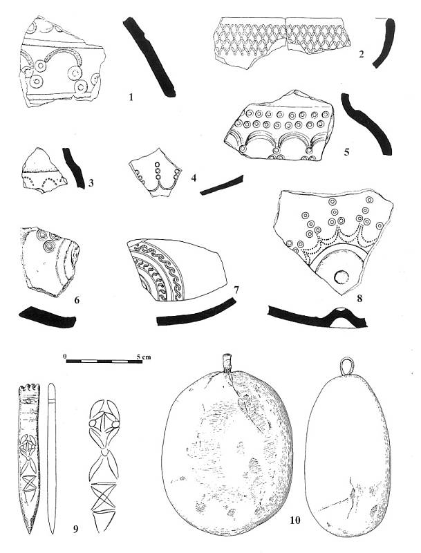 Příklady výzdobných motivů kolkované keramiky počátku doby laténské a kostěné razidlo