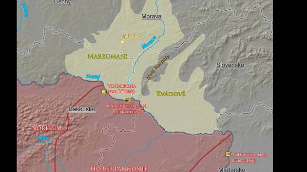 Sídelní území Markomanů a Kvádů a římské provincie na středním Dunaji.