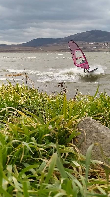 Větrné počasí vylákalo k Novým Mlýnům surfaře i v lednu.