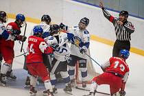 Čeští hokejisté (v červeném) porazili v semifinále Hlinka Gretzky Cupu hráčů do 18 let v Břeclavi Finsko 8:2.