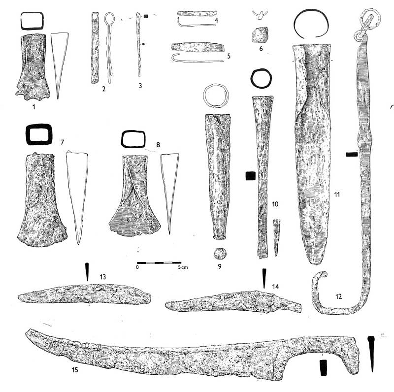 Ukázky železných předmětů nalezených v depotu na hradisku Černov u Ježkovic 