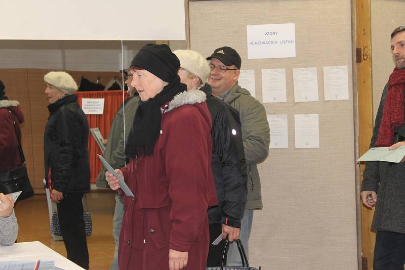 Do volební místnosti v břeclavském Domě školství proudily davy lidí již před otevřením v pátek ve dvě hodiny odpoledne.
