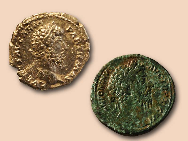 Vyobrazení císaře Marca Aurelia na mincích z Hradiska u Mušova