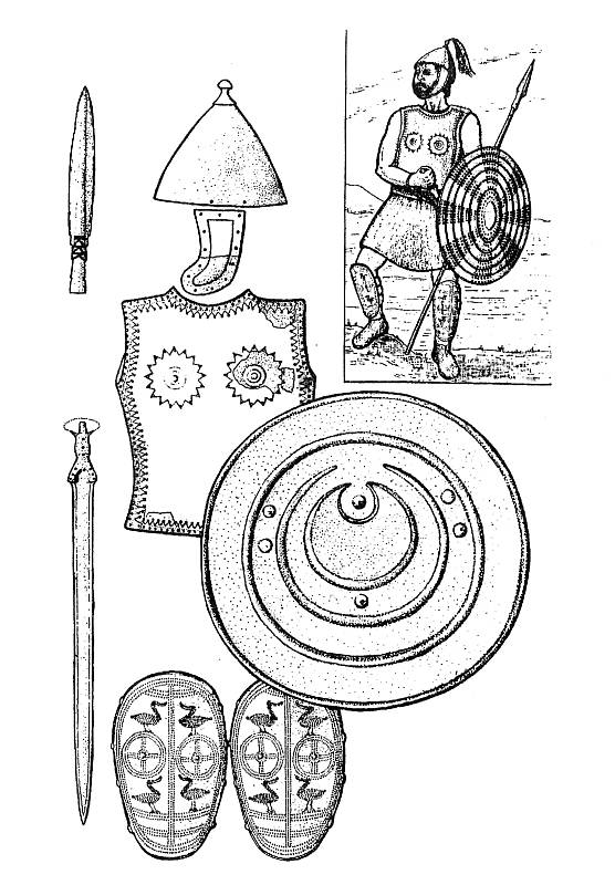 Nálezy součástí bronzové zbroje kultur popelnicových polí a rekonstrukce vzhledu vysoce postaveného bojovníka (podle: Podborský 2008: Dějiny pravěku a rané doby dějinné).