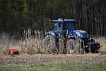 Traktor zemědělského družstva Zemos z Velkých Němčic kosí rákos v místech mokřadu u Uherčic.