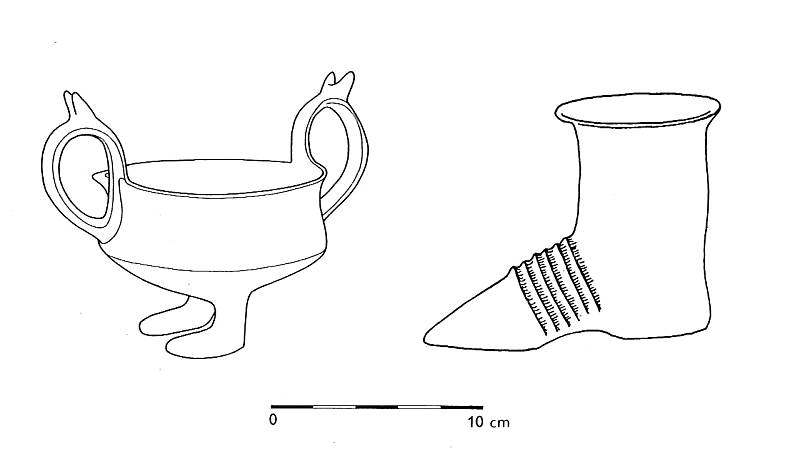 Příklady kultovní keramiky různě imitující předměty či části lidského těla nalezených v Lednici a Klentnici (podle: Podborský 1993: Pravěké dějiny Moravy).
