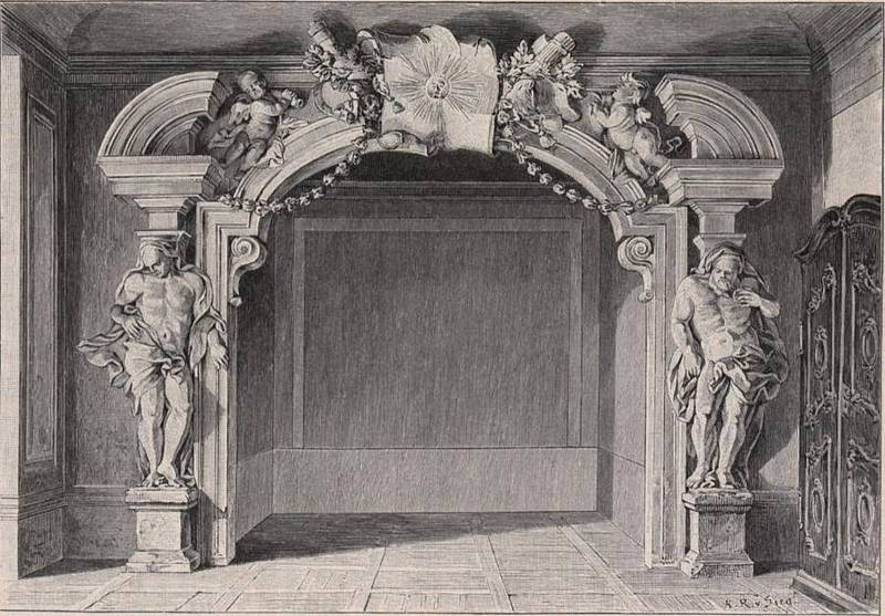 Uherčický zámek se vrací k někdejší nádheře. Zdobený portál. Kresba Karl Ritter von Siegl, rok 1890