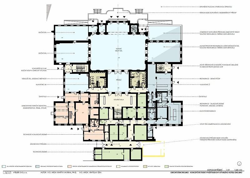 Půdorys suterénu Domečku (úroveň do parku) s hlavním sálem a přísálími v návrhové dispoziční studii arch. Navrkala a arch. Zíky. Se souhlasem Atelier GNS