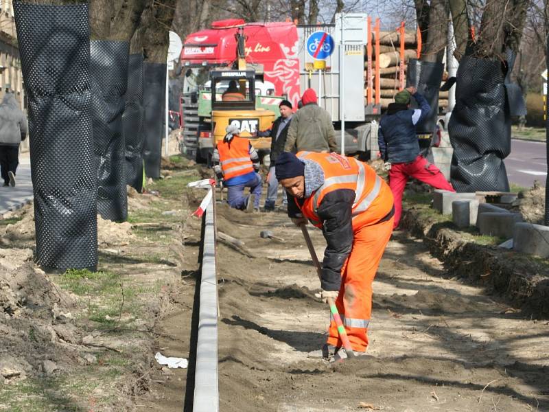 V části ulice Pražská ve Znojmě budují dělníci novou cyklostezku. Mezi lípami u budovy policie.