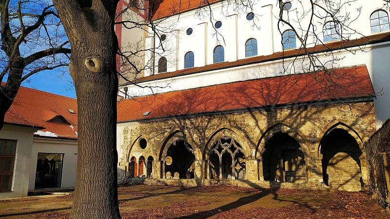 Rajský dvůr staré kvadratury premonstrátského kláštera v Louce, vlevo západní křídlo staré kvadratury, tzv. stará škola. Vykopávky probíhají vpravo, v zbořeném východním křídle.